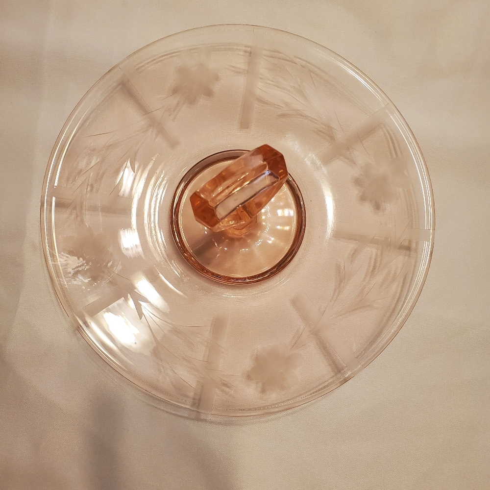 Depression Glass Pink Sandwich Server/Center Handle/Etched Lines & Flowers/10”